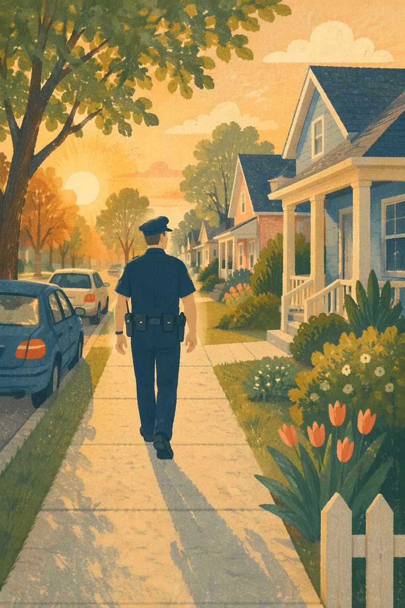 Police Officer Walking Neighborhood Street at Sunrise