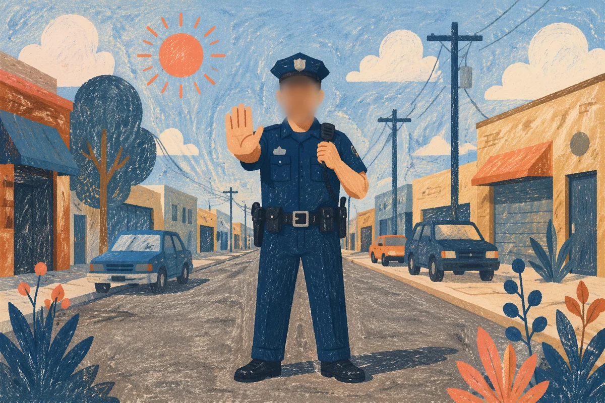 Police Officer Patrolling Quiet Neighborhood Street