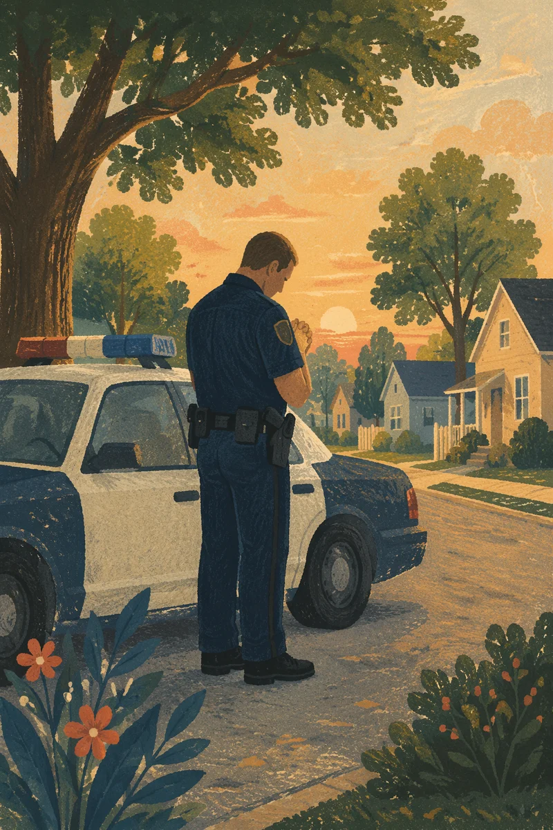 Police Officer Praying Beside Patrol Car