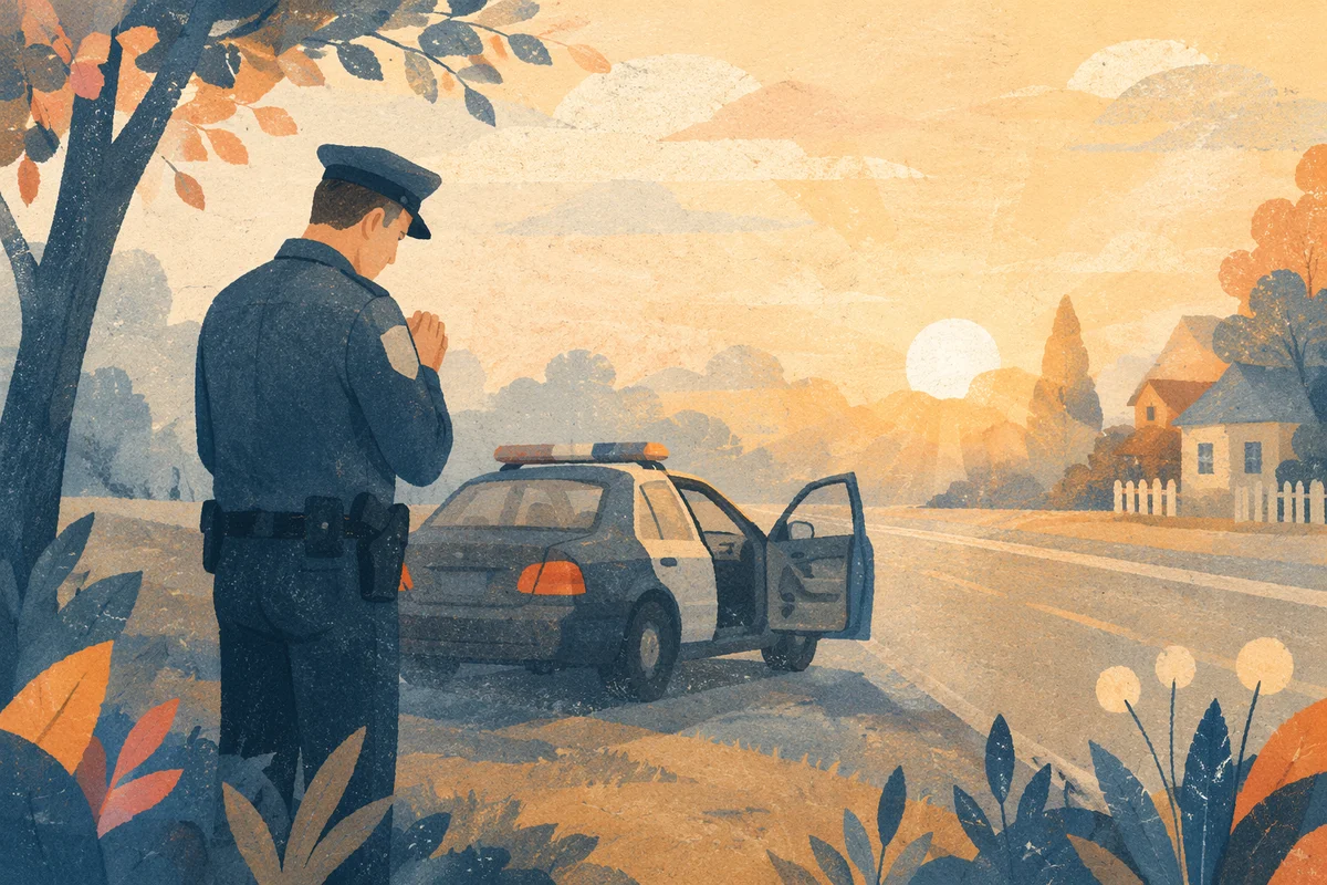 Police Officer Prayer at Dawn Roadside