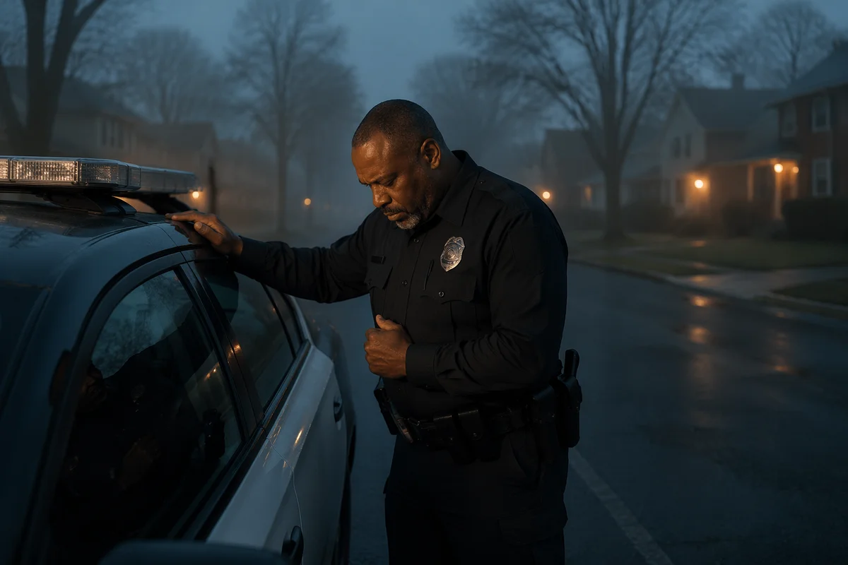 Police Officer Praying Beside Patrol Car