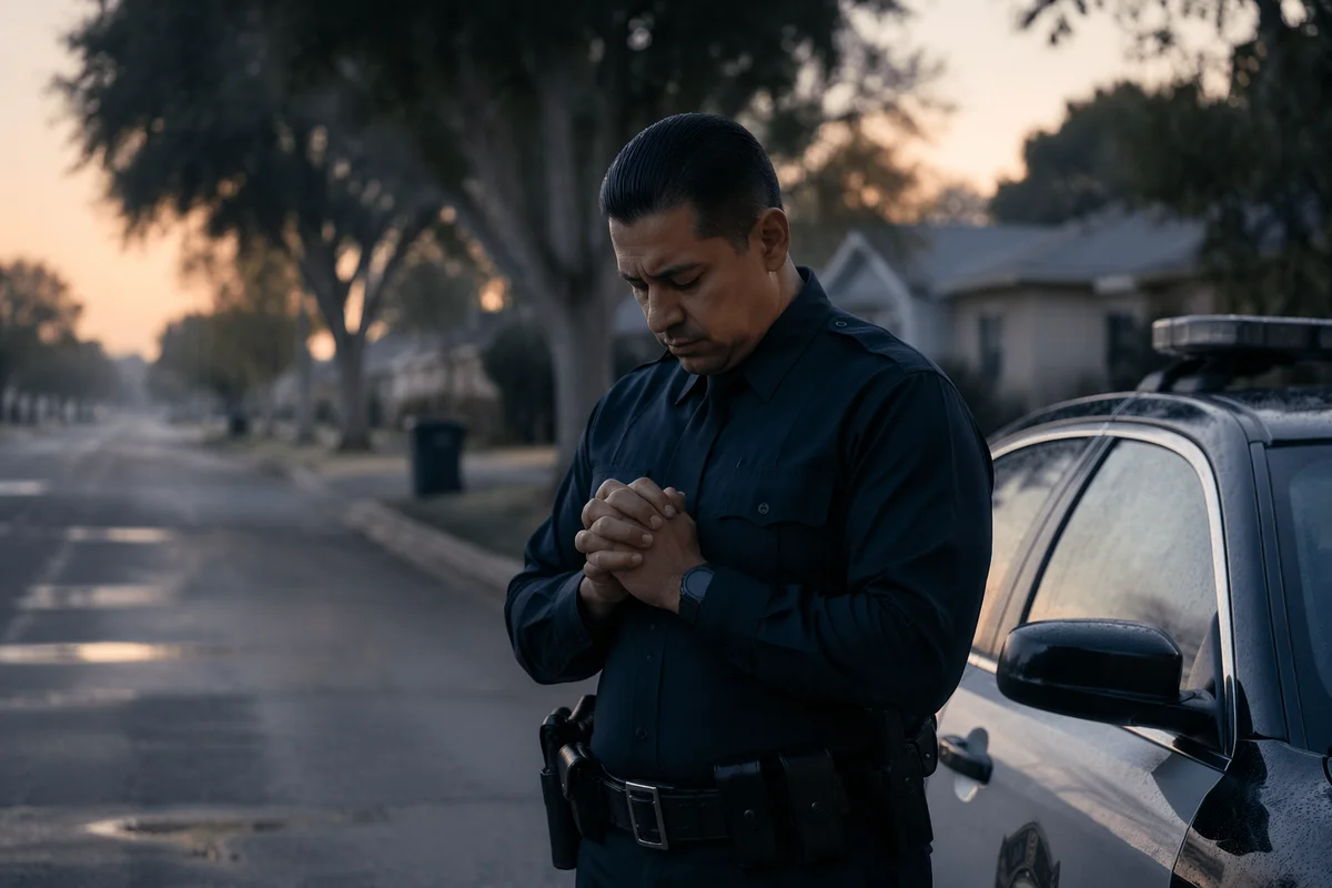 Police Officer Praying Beside Patrol Car