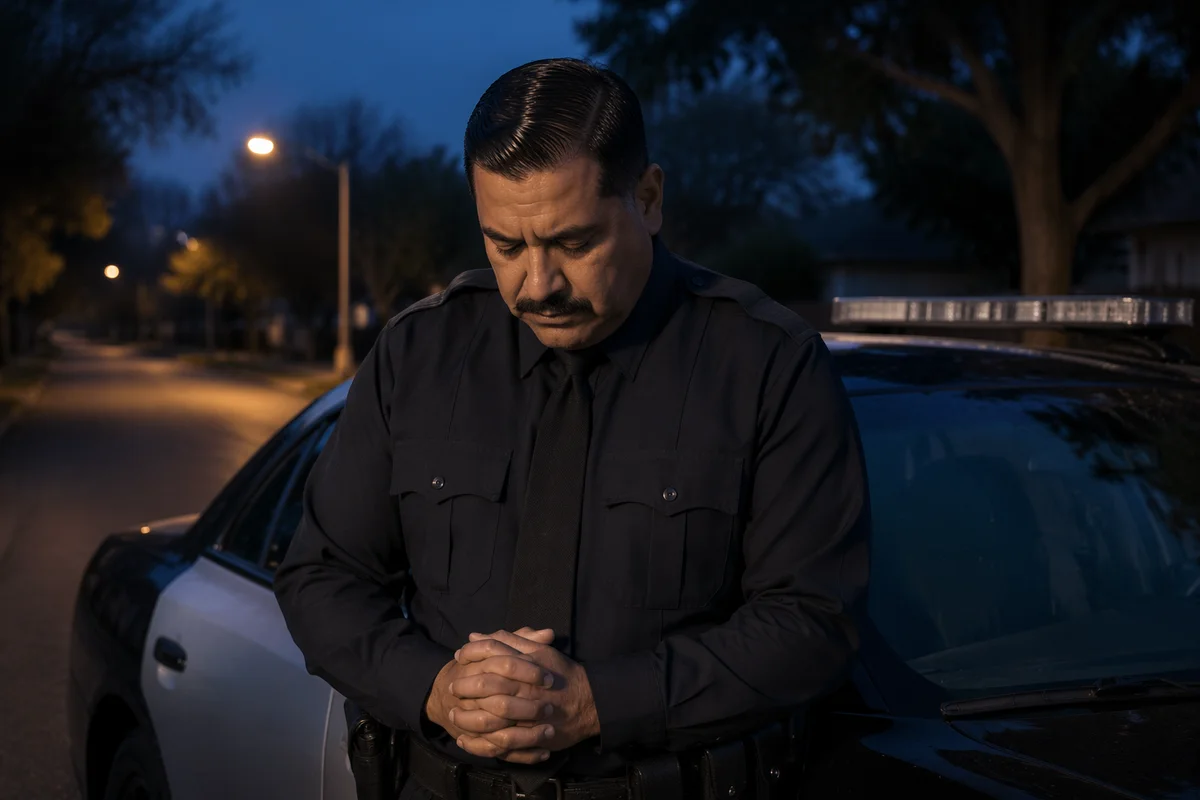 Police Officer Praying Beside Patrol Car