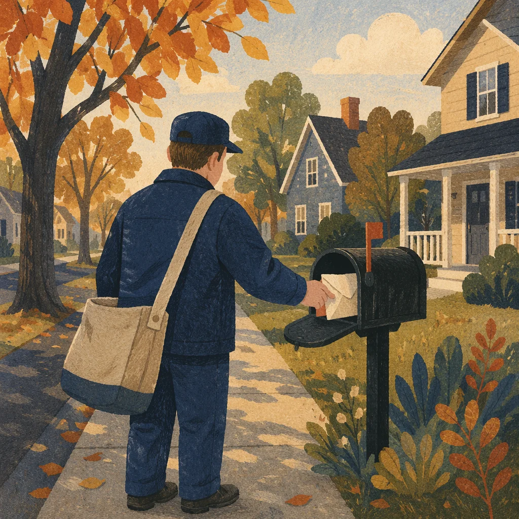 Postal Worker Delivering Mail in Suburb