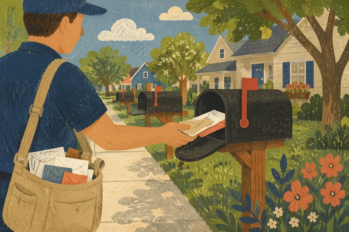 Postal Worker Delivering Mail in Suburb