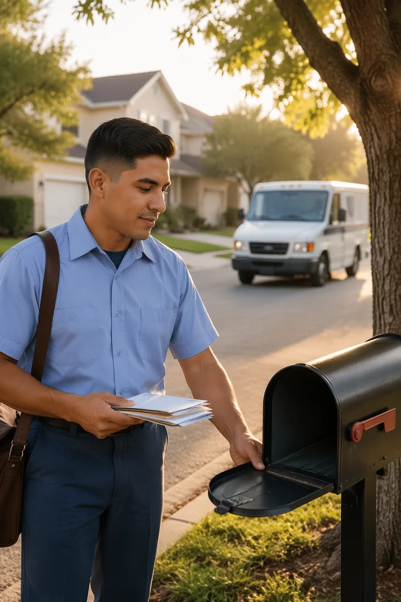 Postal Worker Delivering Mail in Suburb