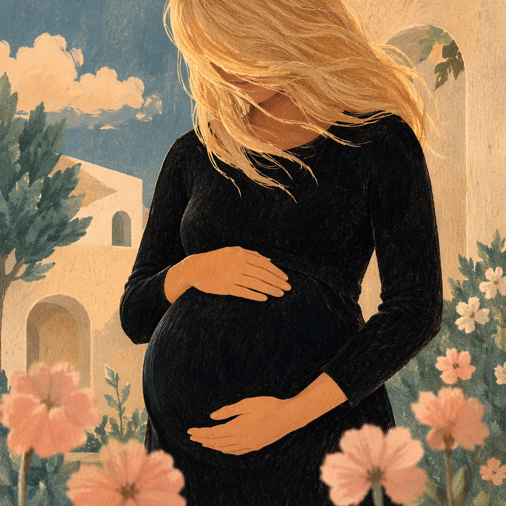 Pregnant Woman Cradling Belly in Garden Light
