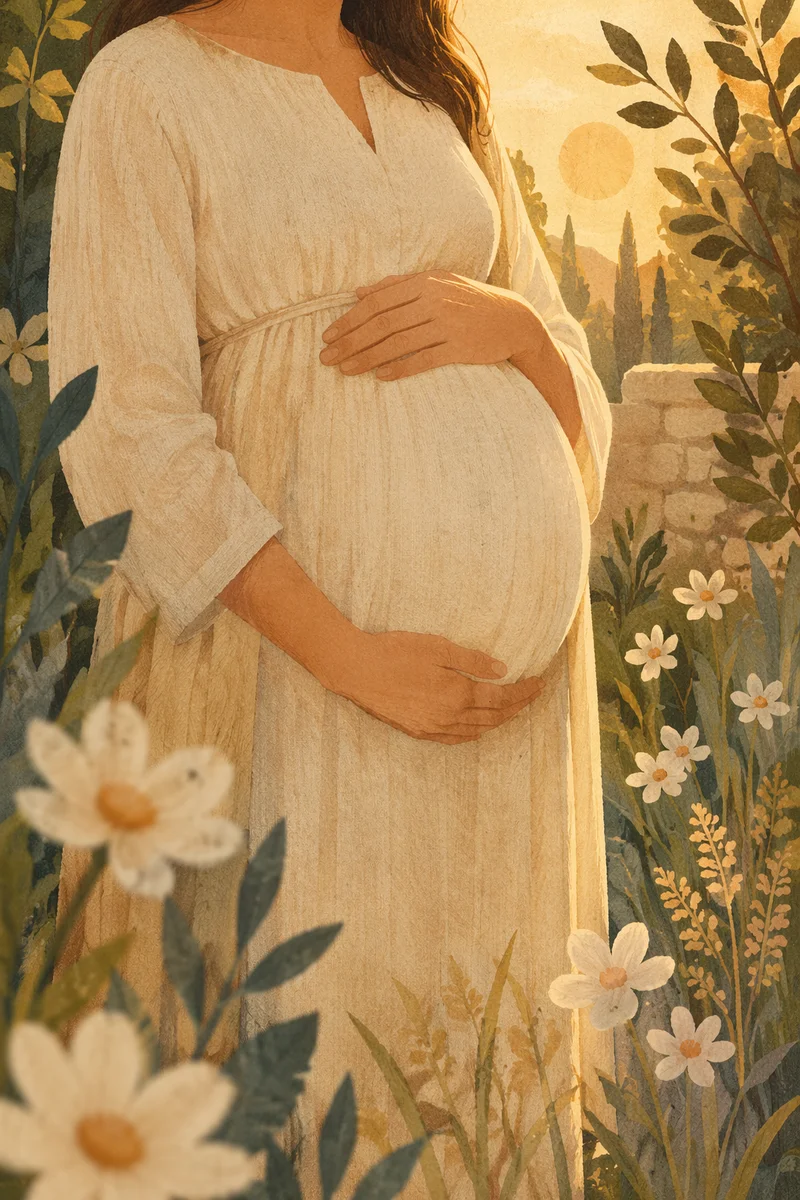 Pregnant Woman Cradling Belly in Garden Light
