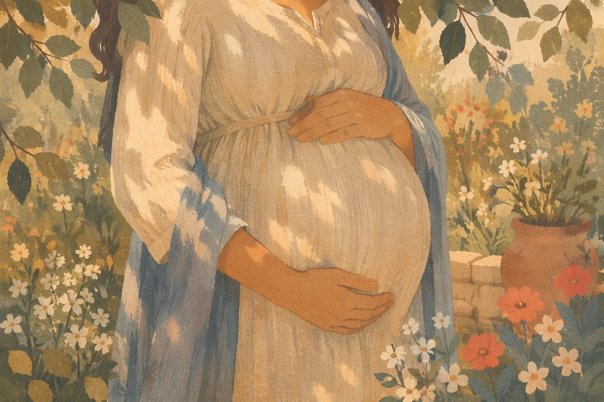 Pregnant Woman Cradling Belly in Garden Light