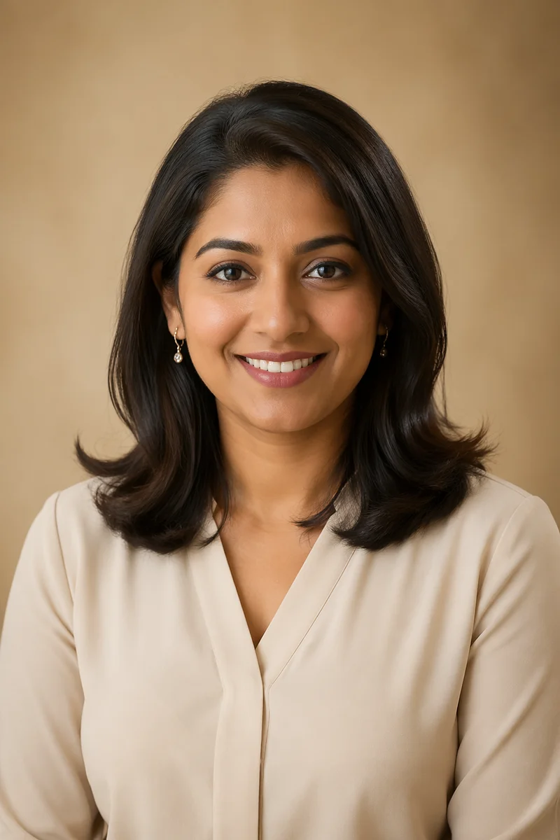 Professional Woman Headshot on Warm Beige Background