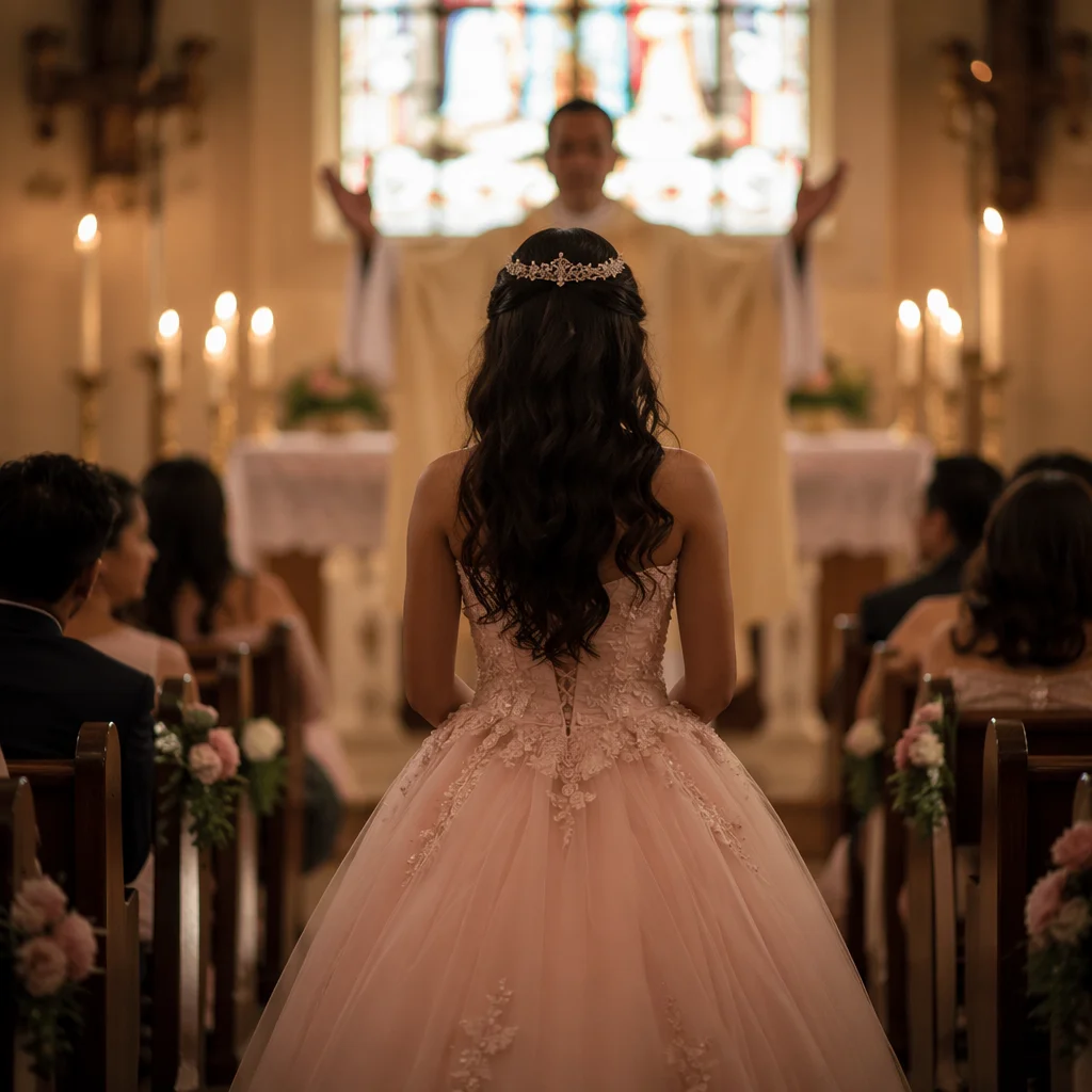 Quinceañera Church Blessing in Warm Candlelight