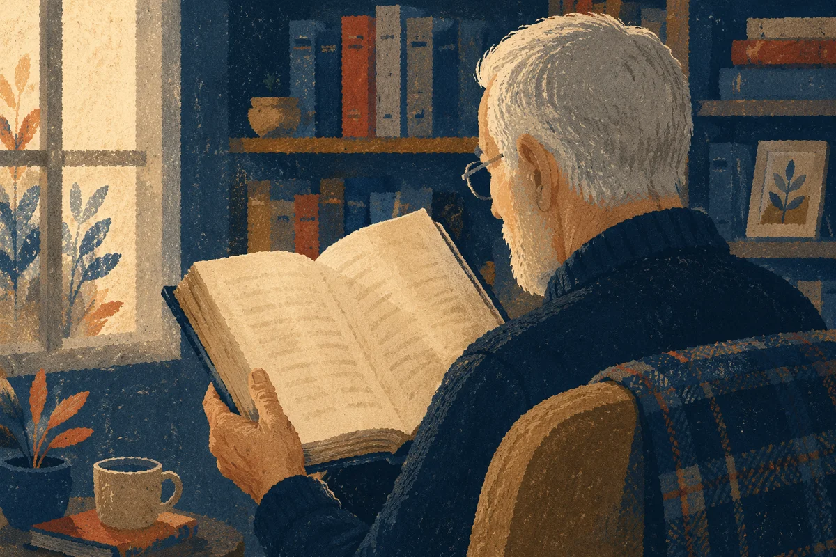 Retired Pastor Reading Scripture in Home Library
