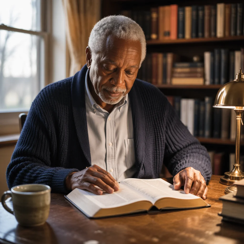 Retired Pastor Studying Scripture at Dawn