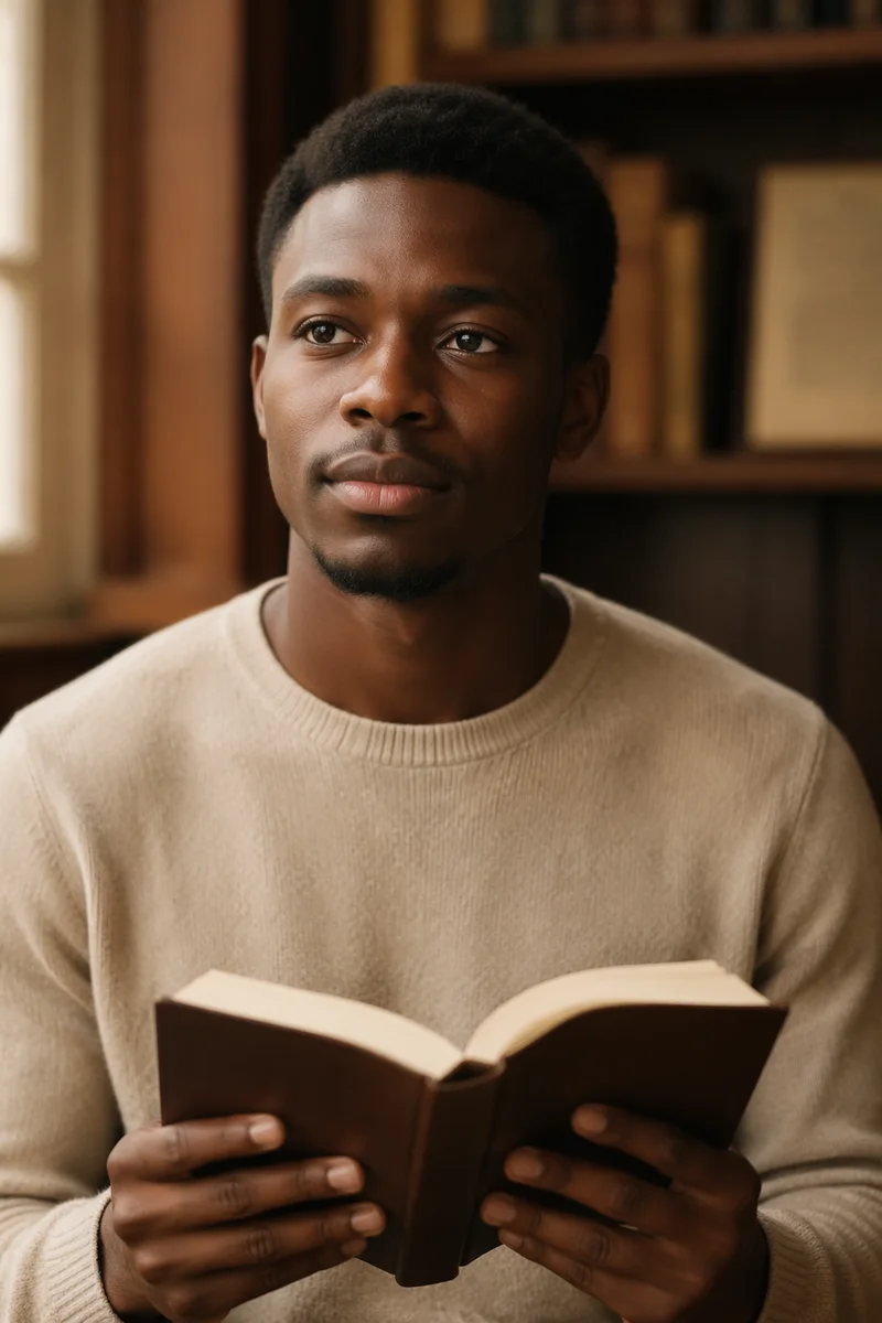Young Student Holding Open Book Portrait