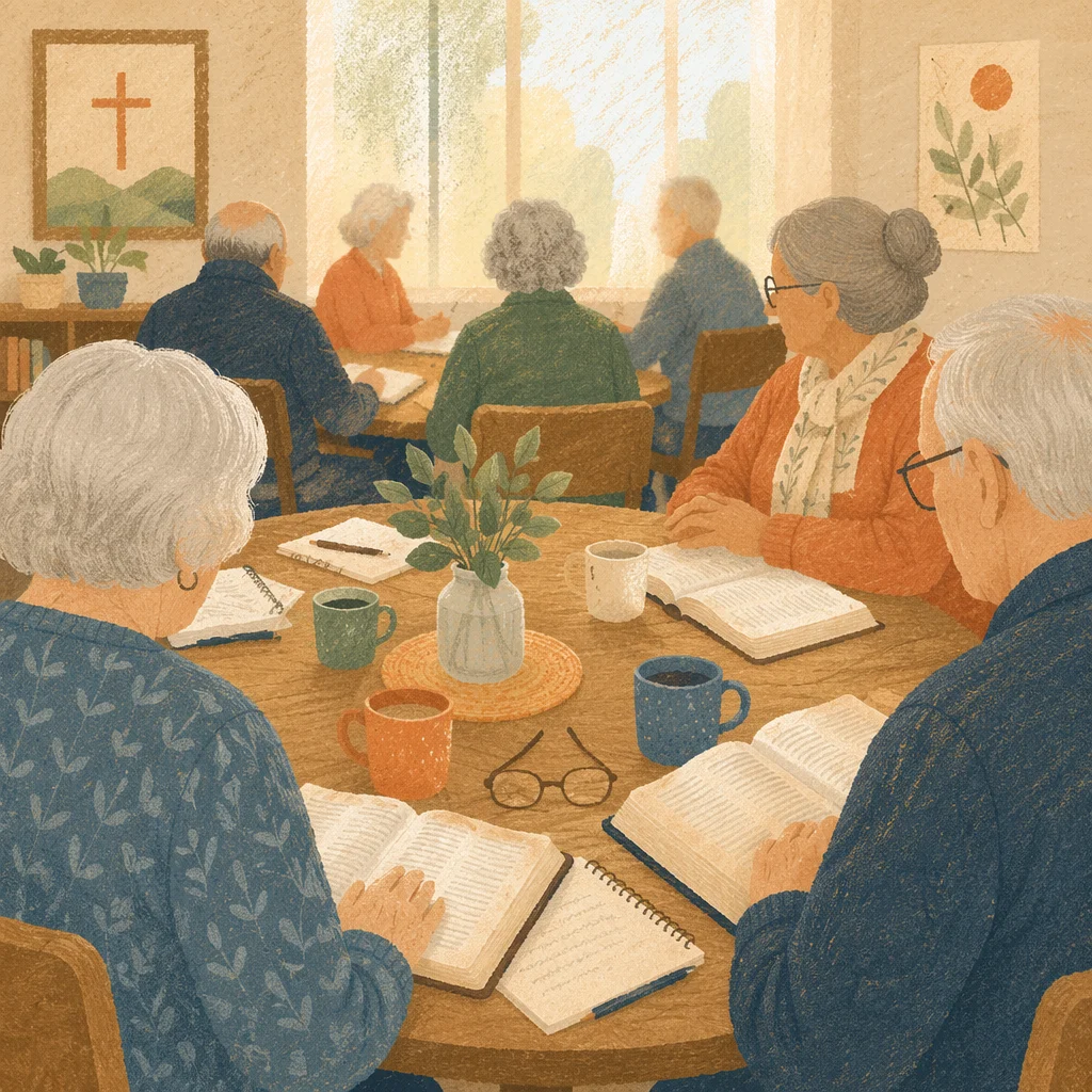 Senior Bible Fellowship Around Wooden Table