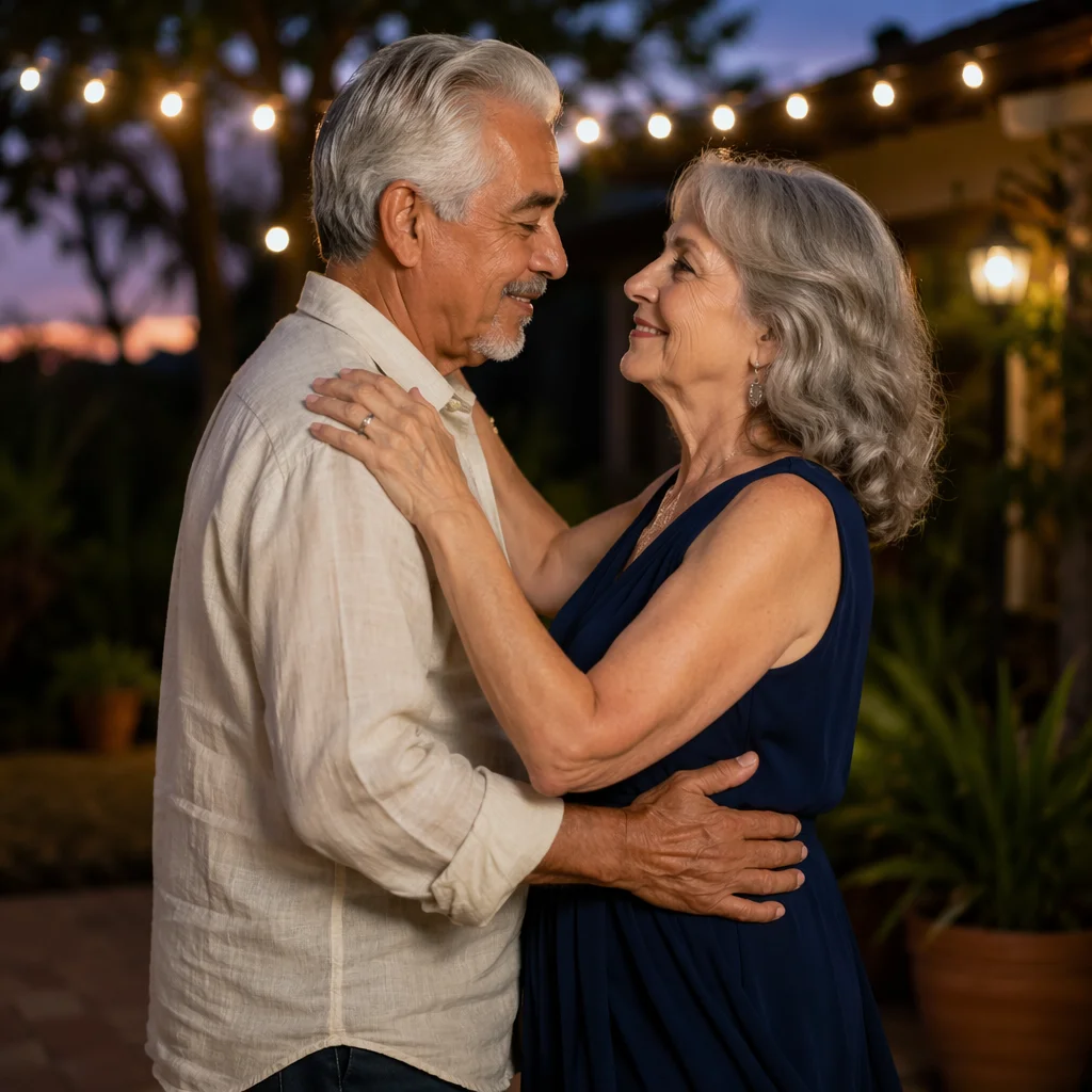 Senior Couple Dancing on Patio at Dusk