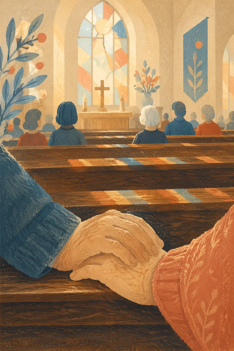 Elderly Couple Holding Hands in Church