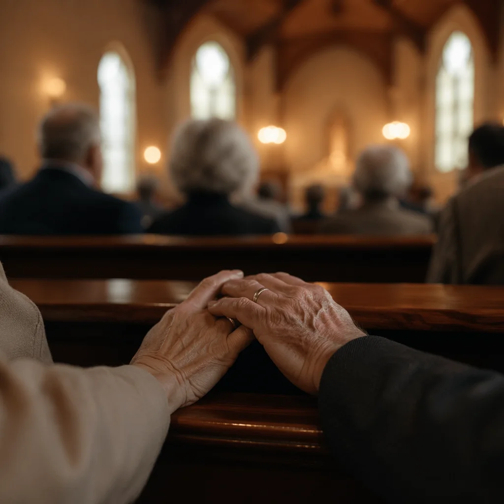 Senior Couple Holding Hands in Church