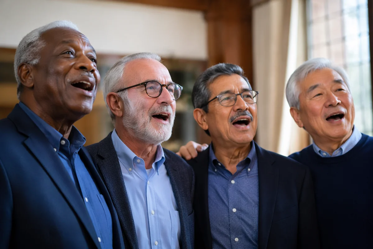 Joyful Senior Mens Choir Singing Together