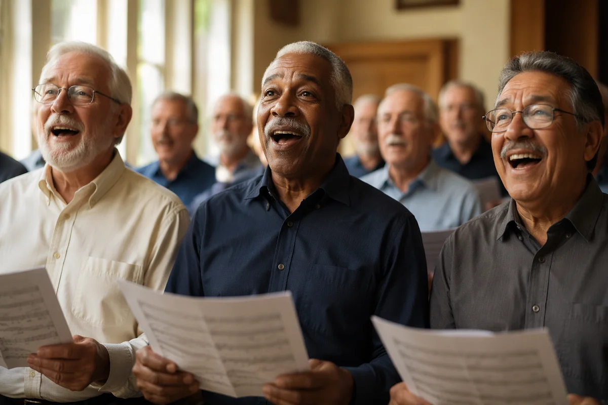 Joyful Senior Men's Choir Rehearsal Portrait