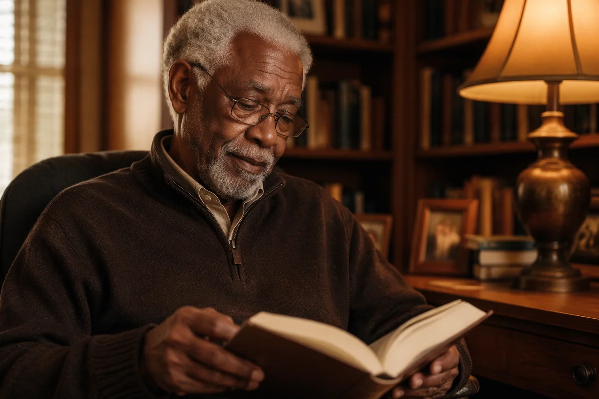 Elderly Man Reading in Warm Study