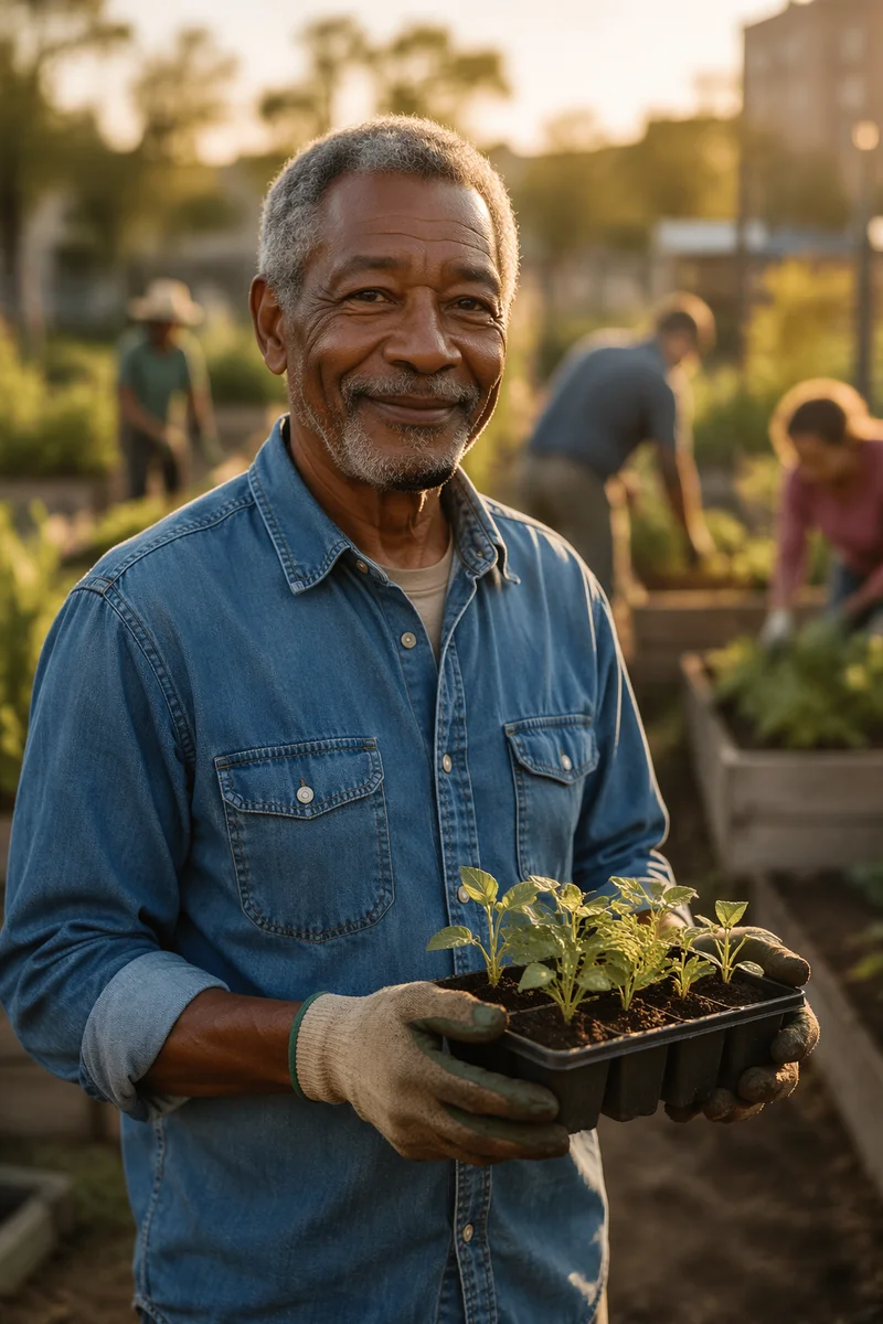 Senior Volunteer Holding Seedlings in Garden