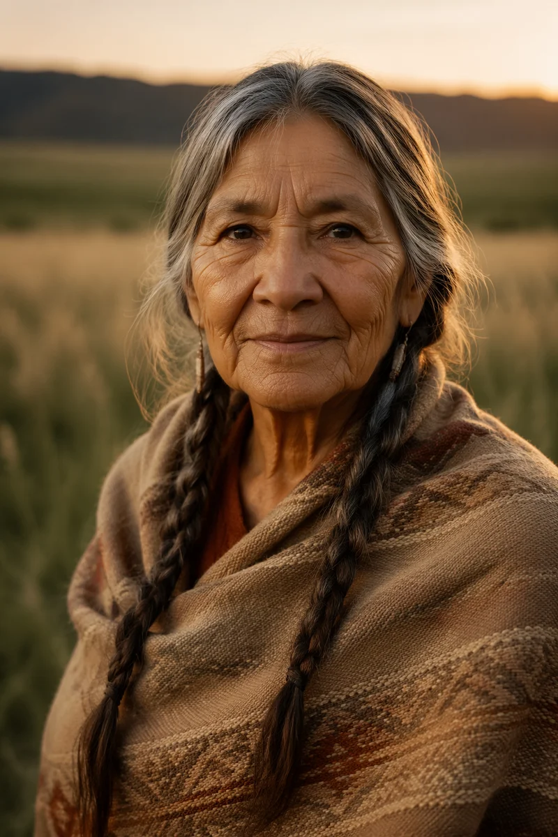 Elderly Native American Woman in Meadow