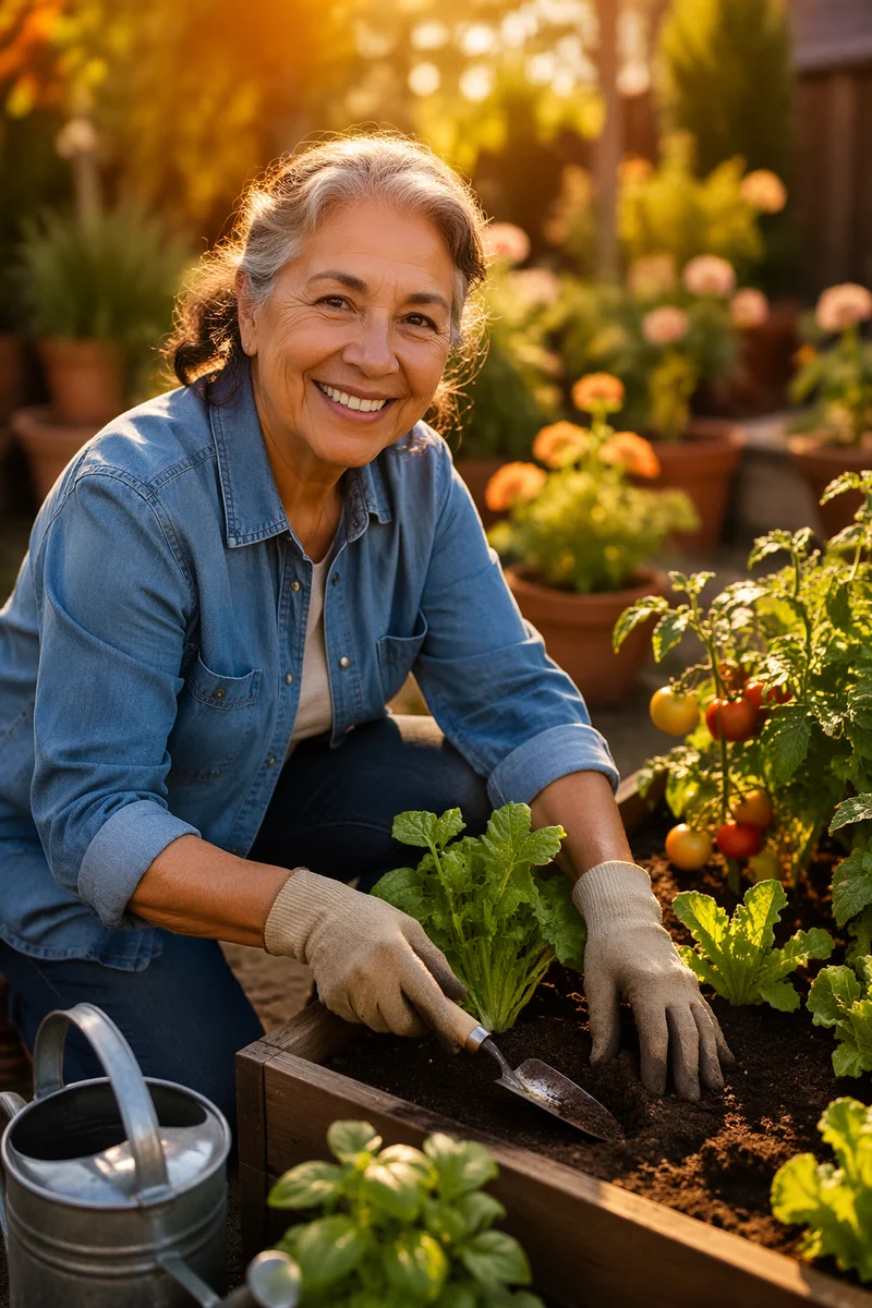 Senior Woman Tending Backyard Vegetable Garden