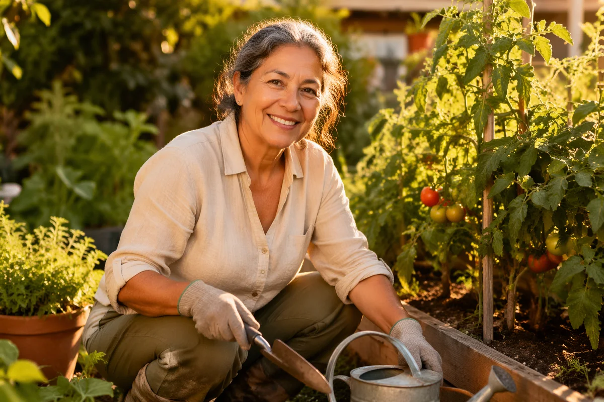 Senior Woman Gardening in Backyard Vegetable Garden