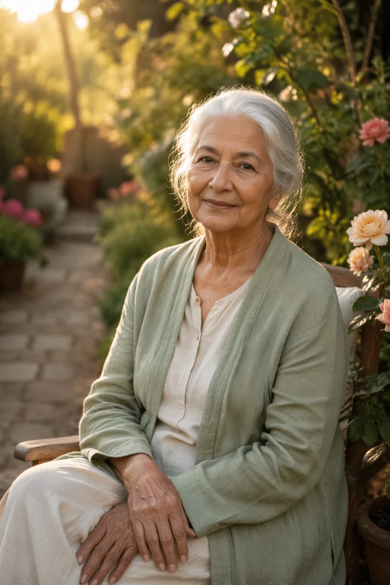Serene Elderly Woman in Garden Light