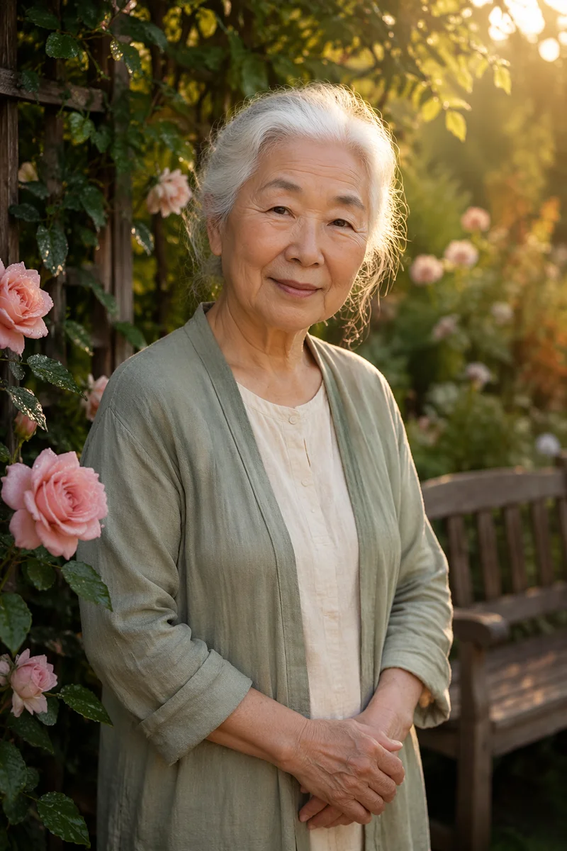 Elderly Woman in Morning Garden Light