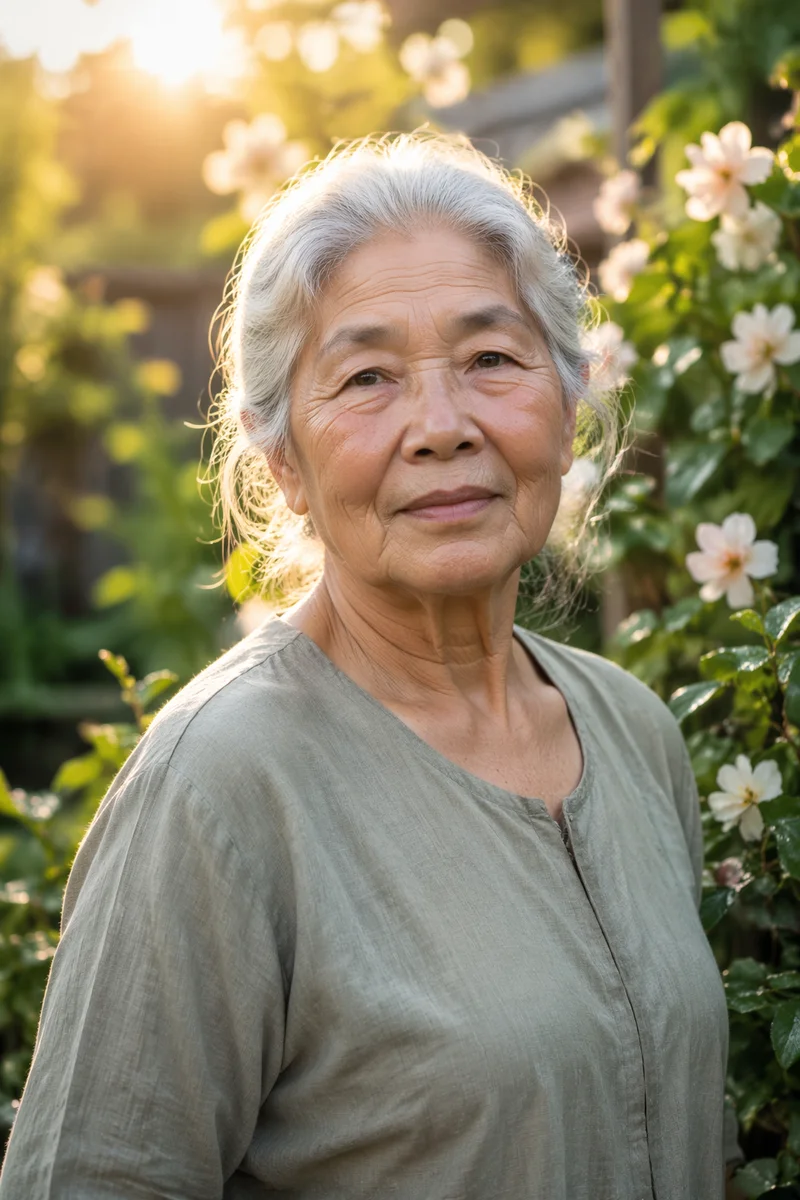 Serene Elderly Woman in Morning Garden