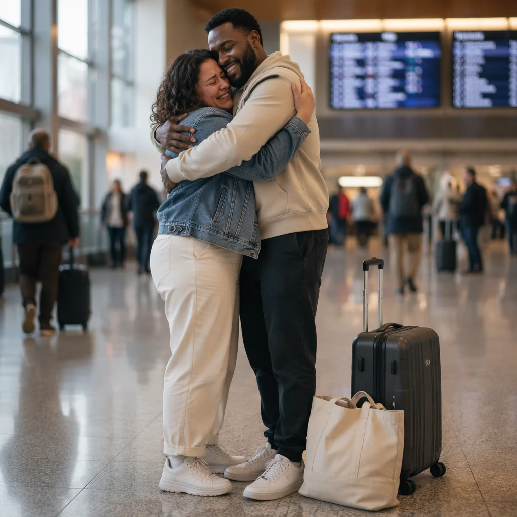 Siblings Embracing in Airport Arrivals Hall
