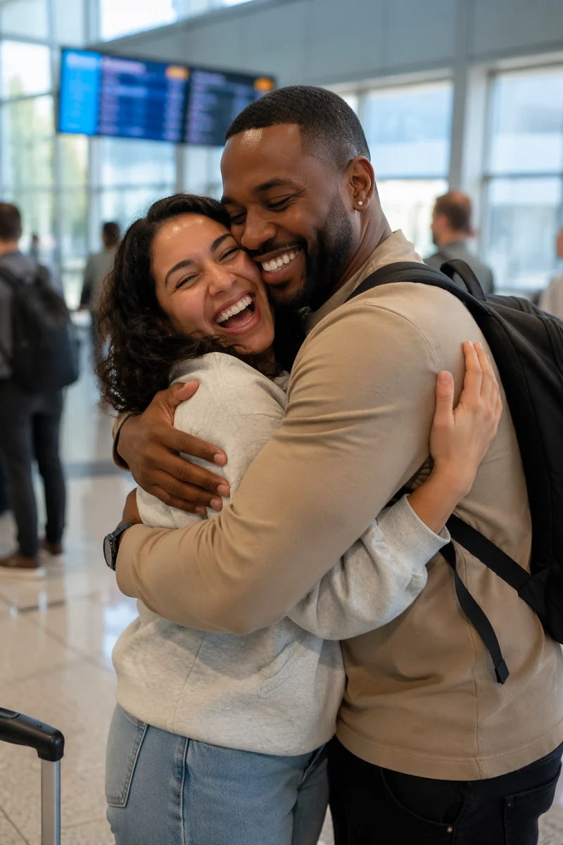 Siblings Embracing at Airport Arrivals Gate