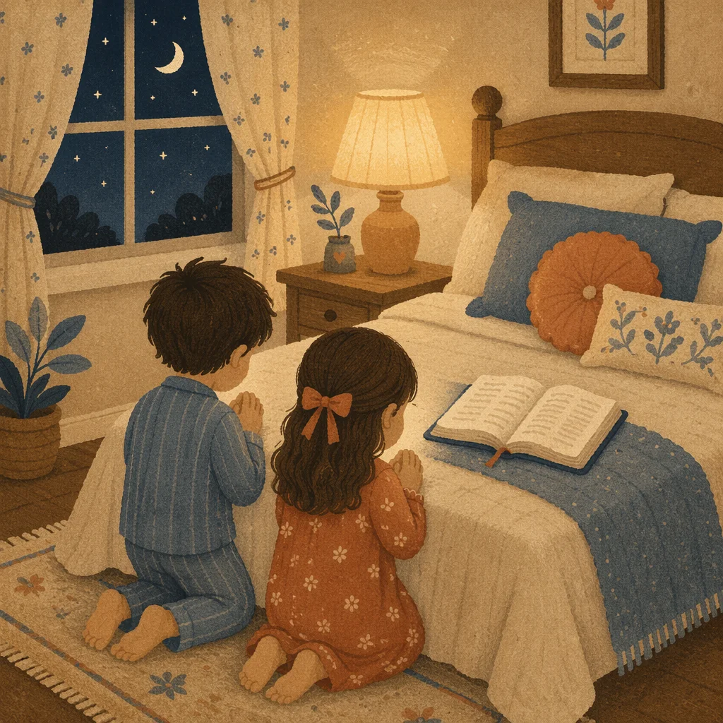 Siblings Praying at Bedtime Devotion