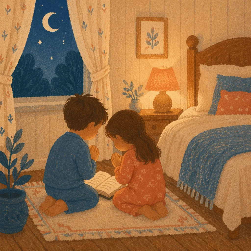 Siblings Praying Together at Bedtime