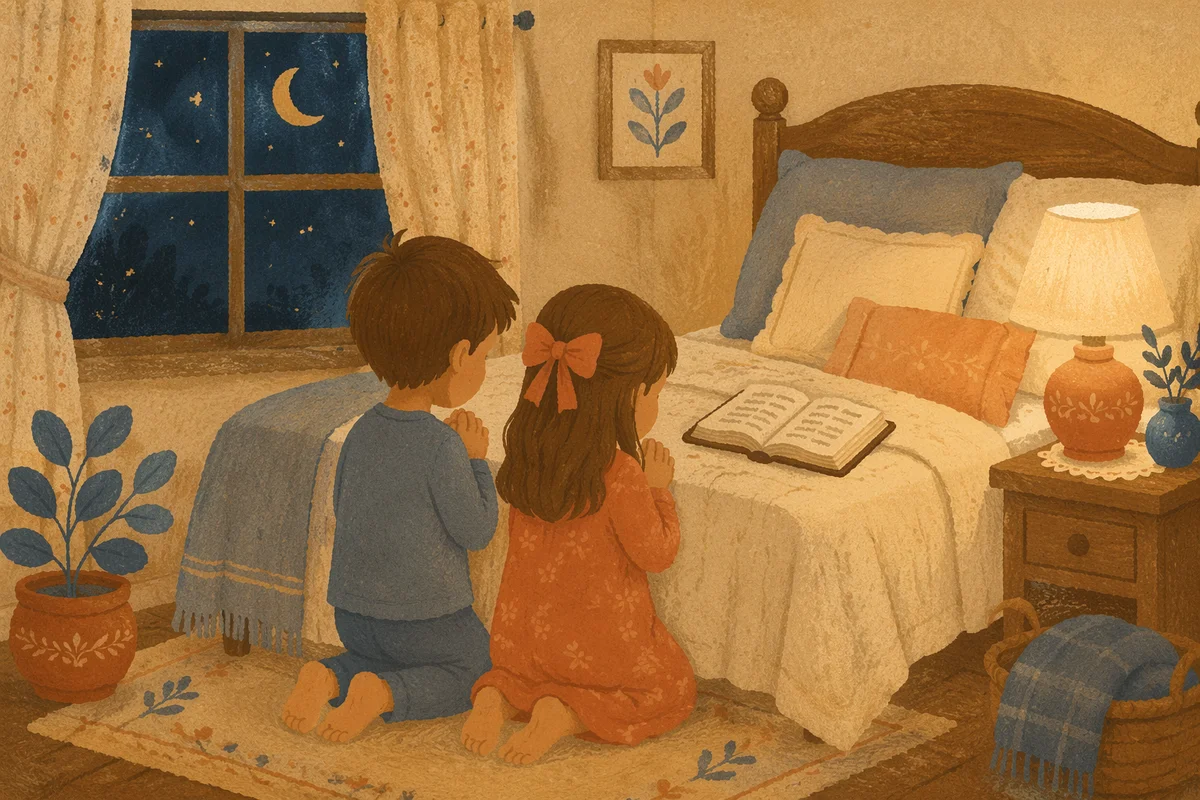 Siblings Praying at Bedtime Devotion