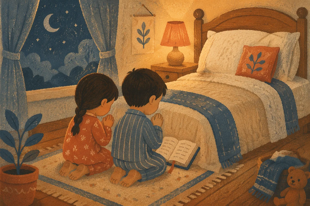 Siblings Praying Together at Bedtime