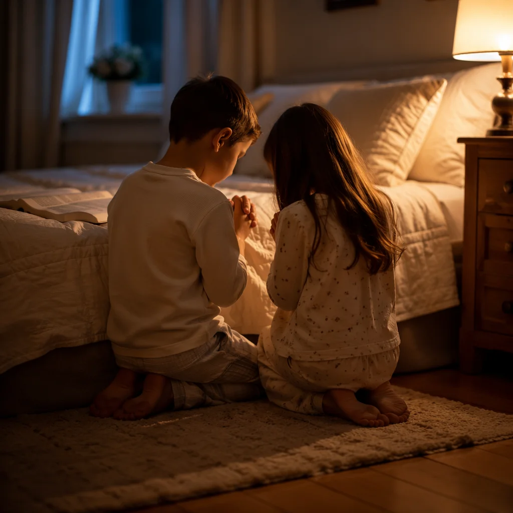 Siblings Praying Together at Bedtime