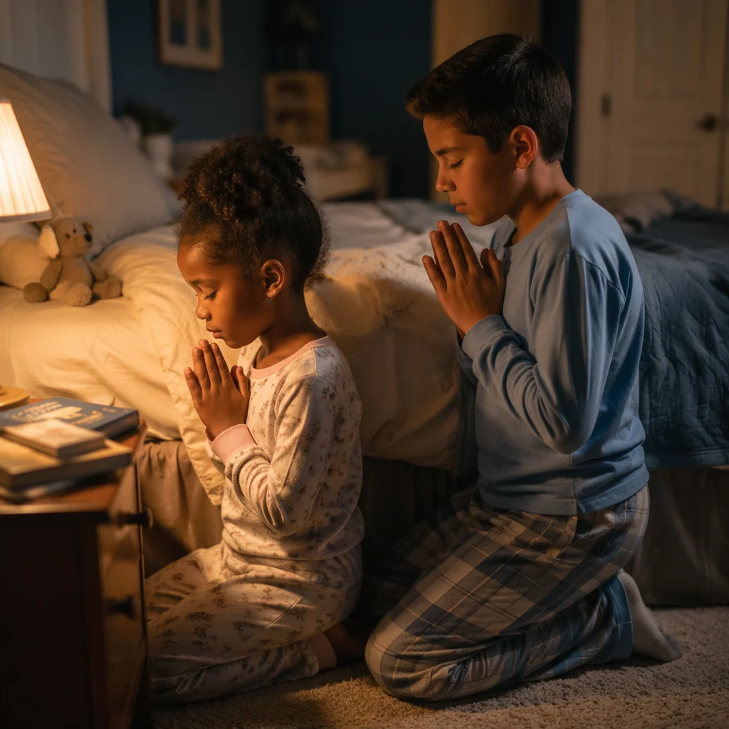 Siblings Praying Together at Bedtime