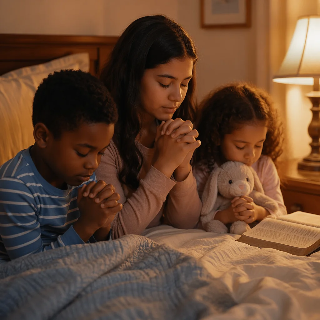 Siblings Praying Together at Bedtime Devotion