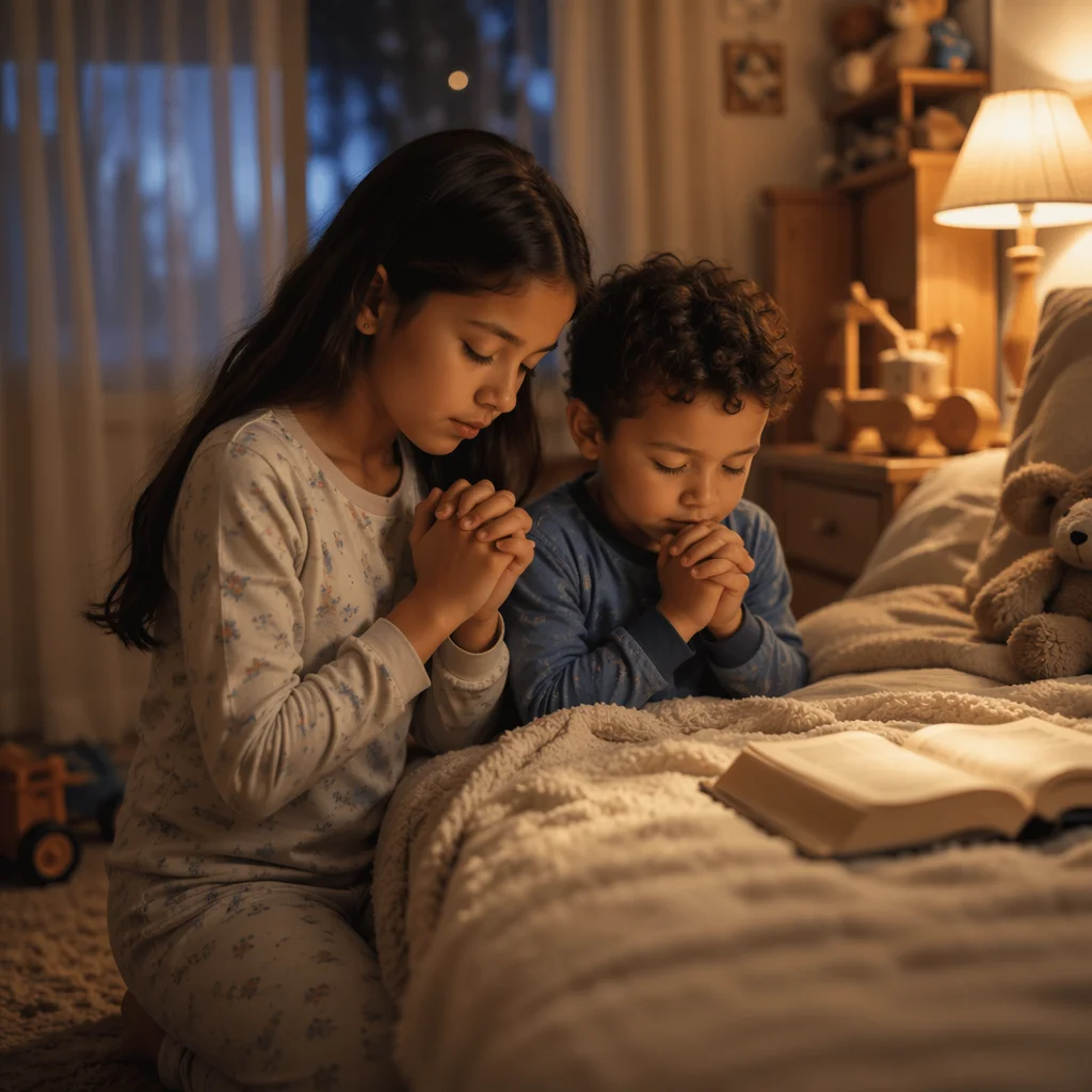 Siblings Praying Beside Bed at Night