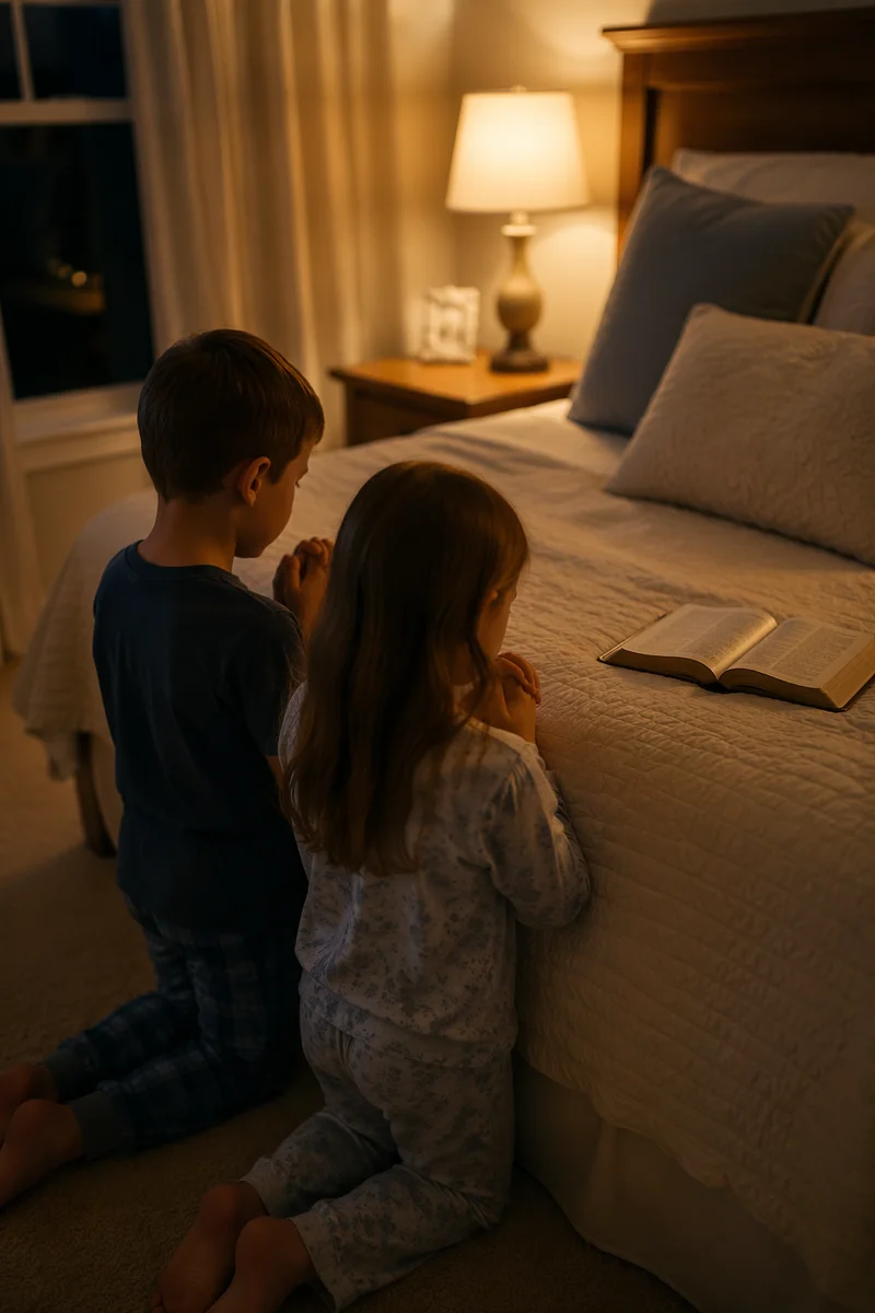 Siblings Praying Together at Bedtime