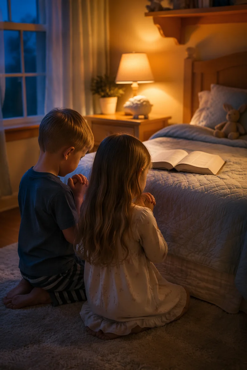 Siblings Praying Together at Bedtime