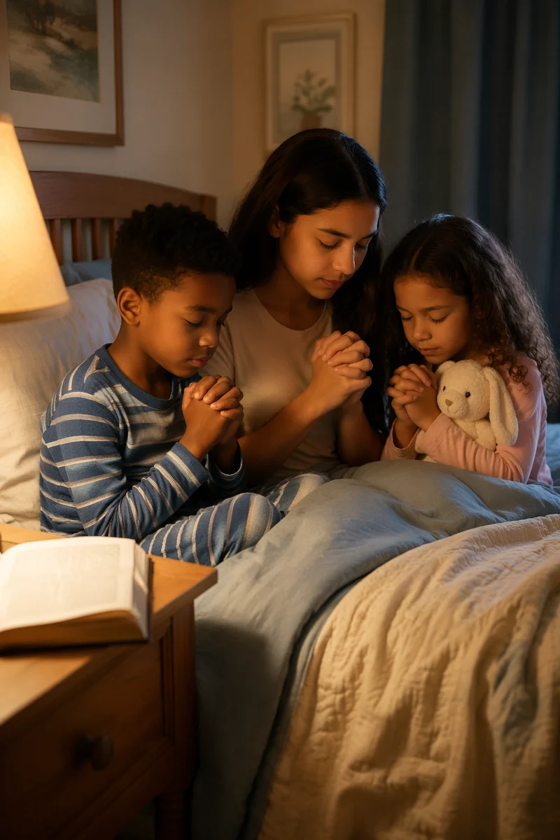Siblings Praying Together at Bedtime