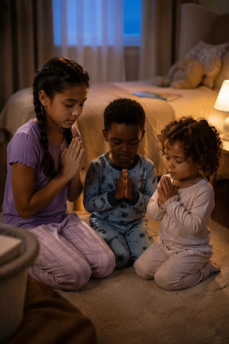 Siblings Praying Together at Bedtime