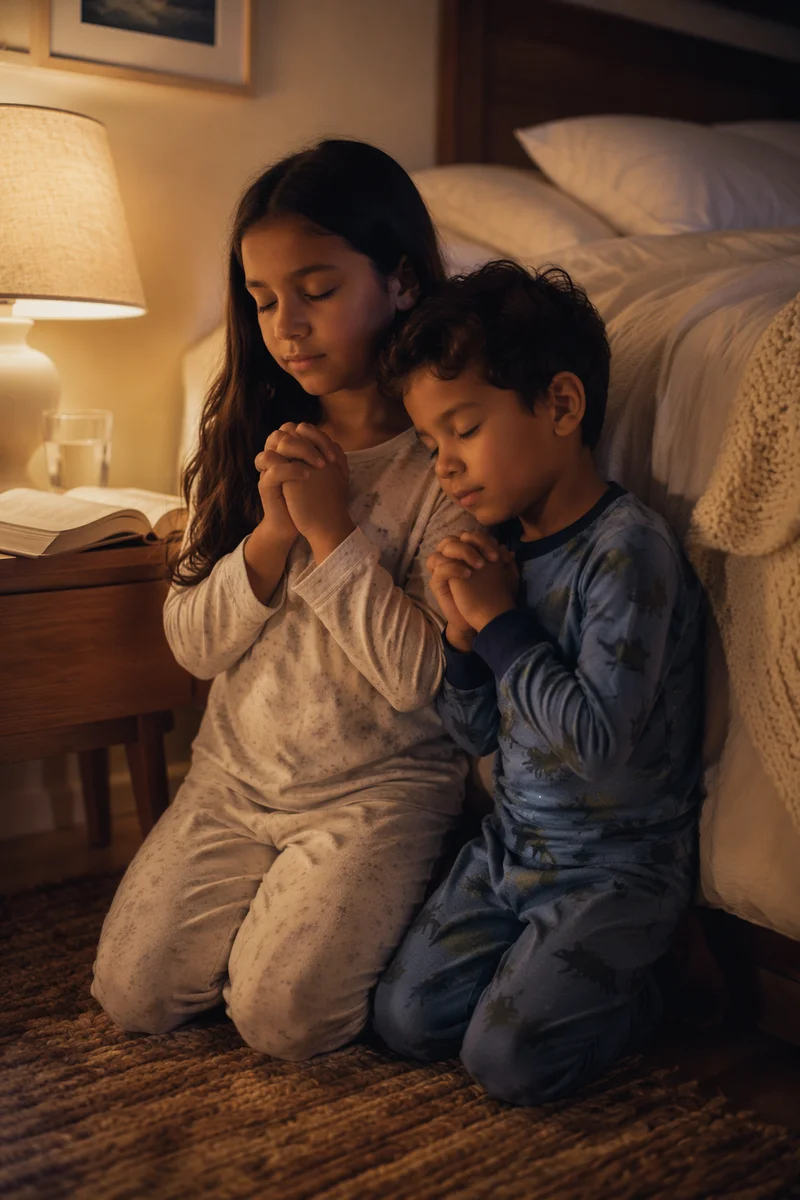 Siblings Praying Beside Bed at Night