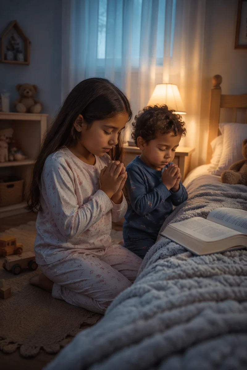 Siblings Praying Beside Bed at Night