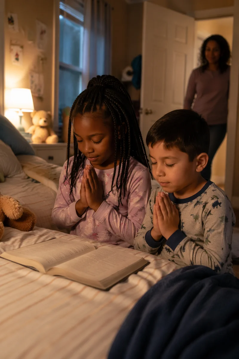 Siblings Praying Beside Bed at Night