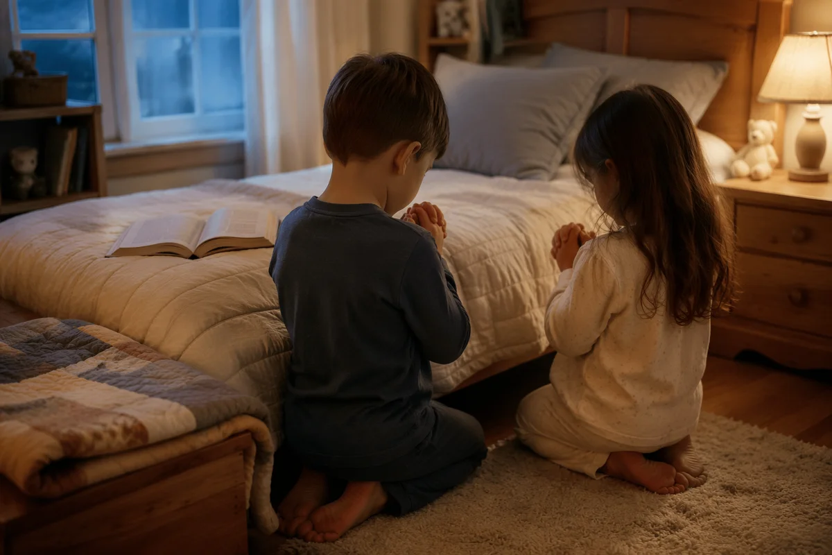 Siblings Praying Together at Bedtime